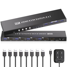 HDMI KVM Switch 1 Monitors 4 Computers, 8K@60Hz 4K@120Hz USB 3.0 4 Port HDMI KVM Switch for 4 PCs Share 1 Set of Keyboard, Mouse and Monitor