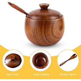 Hominas Wooden Sugar Bowl, 8 x 9 cm, Exquisite Spice Jar, Salt Jar with Spoon and Lid, Spice Pot for Kitchen Spices, Spices, Pepper
