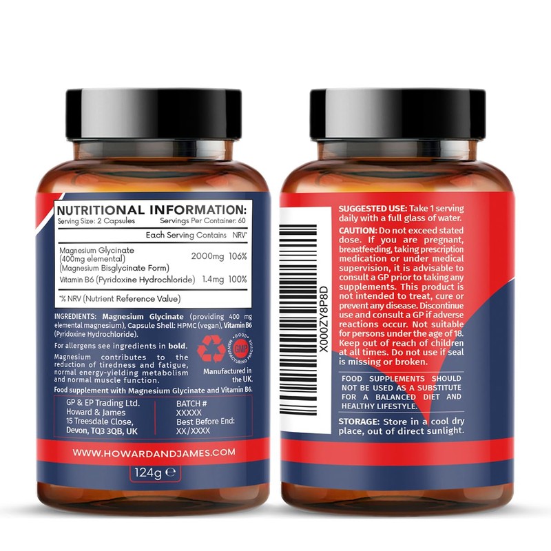 Magnesium Glycinate 2000mg (400mg Elemental) with Vitamin B6, Chelated High