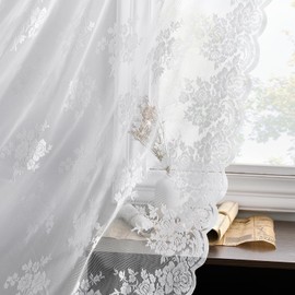 Kotile White Lace Curtains for Windows 54 Inch Drop 2 Panels Set Rustic Floral Scalloped Edges Sheer Volile Curtains for Bedroom Dining Room, Rod Pocket Privacy Vintage Net Lace Curtains, 52x54 Inch
