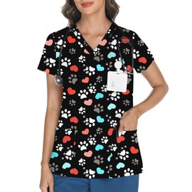 LOMON Pediatric Scrubs for Women V Neck Print Scrub Tops Plus Size Animals Scrub Shirts with 3 Pockets Footprints Hearts XX;