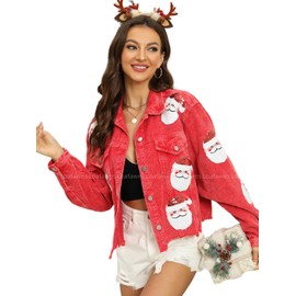 Loafawes Santa Jacket, Women's Christmas Distressed Cropped Corduroy Jacket Santa Sequin Patched Short Jacket Coat Pockets