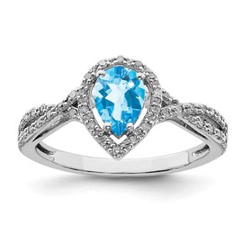 Size 6 Solid 925 Sterling Silver Diamond & Light Swiss Blue Simulated Topaz Ring (2mm)