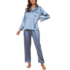 GAESHOW Women Silk Pajamas Set Long Sleeve Ladies Satin PJ Sets Button-Down Pajama Sleepwear Loungewear S~XL (CA/US, Alpha, Medium, Regular, Regular, Gray Blue)