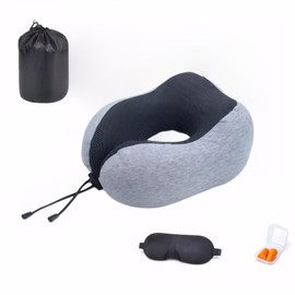 A Wonderful time Travel Pillow 100% Pure Memory Foam Neck Pillow, Comfortable & Breathable Cover - Machine Washable, Airplane Travel Kit with 3D Sleep Mask, Earplugs（Grey）