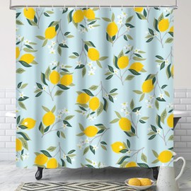 Yellow Lemon Shower Curtain Modern Plant Leaves Fabric Shower Curtains for Bathroom Sage Green Shower Curtain Blue Shower Curtain Sets with Hooks Cute Fruit Farmhouse Bathroom Decor Curtain 72×72