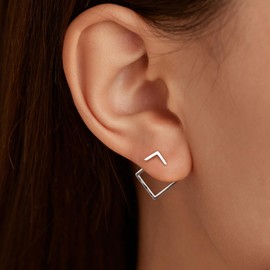 LOVECOM Ear Jacket Earrings 925 Sterling Silver Geometric Stud Earring for Women 14K Gold Plated Minimalist V Square Jacket Earring Jewellery Birthday Christmas Gifts to Daughter Sister, NO, Sterling