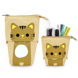 Cat Cute Standing Pencil Case for Kids, Pop Up Pencil Box Makeup Pouch, Cartoon Christmas Gift Kids Pen Holder Organizer Cosmetics Bag, Kawaii Stationary (Brown Cat)