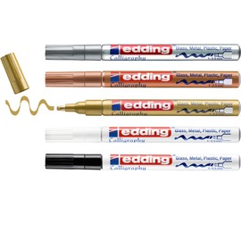 edding 753 gloss paint marker calligraphy - multi-coloured - 5 paint markers - calligraphy nib 1-2.5 mm - for glass, stone, plastic, paper - waterproof, highly opaque - bullet journals, hand lettering