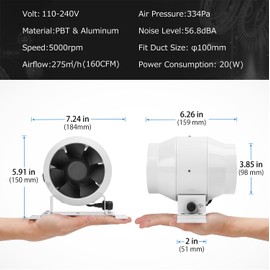 DUCTURBO 4 Inch Inline Duct Fans, 160 CFM Ventilation Exhaust Fan Ideal for Indoor Heating Cooling Transfer Or Grow Tents Air Boosting, With Variable Speed Controller…