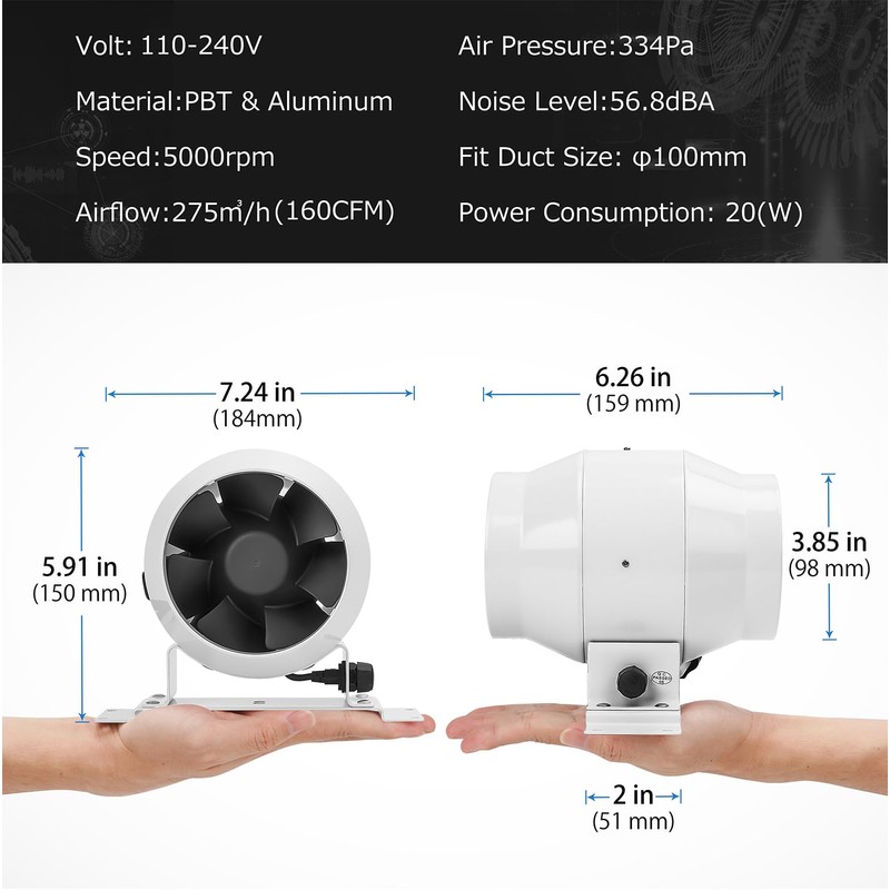 DUCTURBO 4 Inch Inline Duct Fans, 160 CFM Ventilation Exhaust