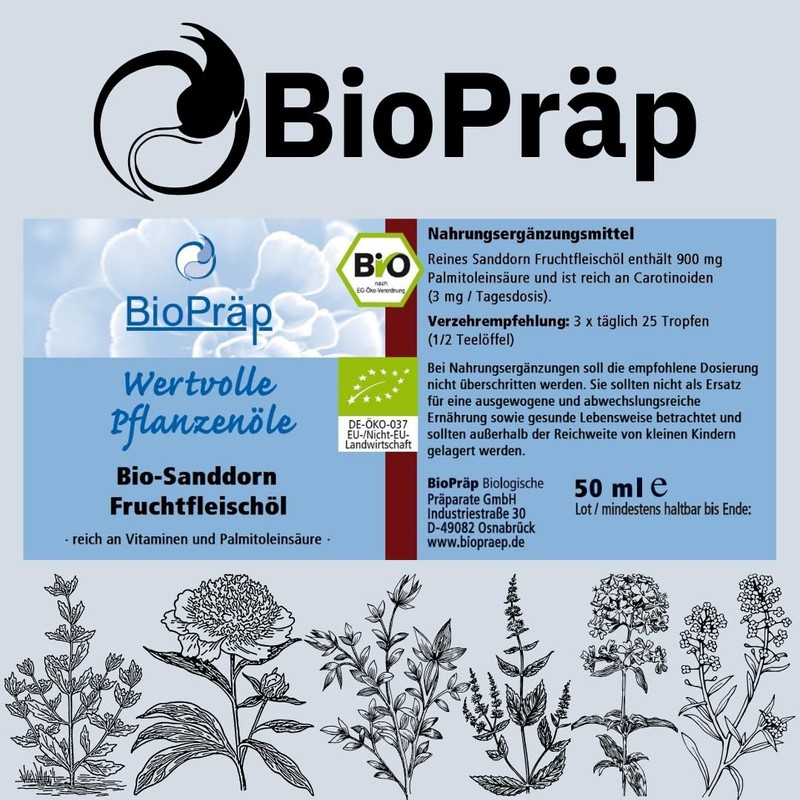 BioPräp Organic Sea Buckthorn Pulp Oil 50 ml Vegan and