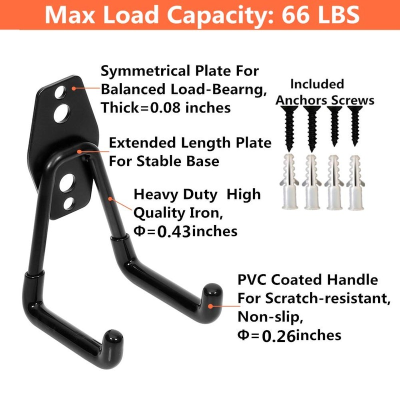 PiPaFox Garage Storage Utility Double Hooks, Heavy Duty Wall Mount