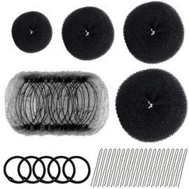 FANDAMEI Hair Donut Bun Maker Set - 4 Bun Shapers, 20 Invisible Nets, 5 Elastics, 20 Bobby Pins (Black)