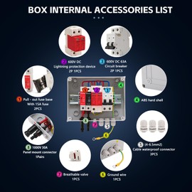 VOU 600V Solar DC PV Combiner Box for Solar Panel,1 String with Lightning Arrester Connector for On/Off Grid Solar Panel System,1 Input 1 Out 15A Rated Current Fuse,63A Circuit Breaker,Waterproof