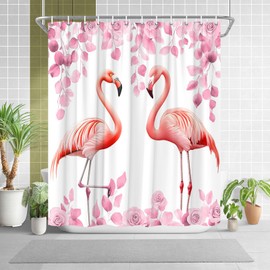 XHGMGS Pink Flamingo Shower Curtains for Bathroom Grey Leaf Pink Rose Floral Tropical Bird Shower Curtain 70" Wx70 H inches Polyester Fabric Bath Decorative Curtain