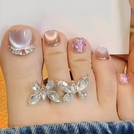 Rhinestone Press on Toenails Short Square Stick on Toenails with Eye Cat Design Glitter French Tips Fake Toenails Summer False Toenails Full Cover Glossy Purple Toenails for Women Girls Manicure 24Pcs