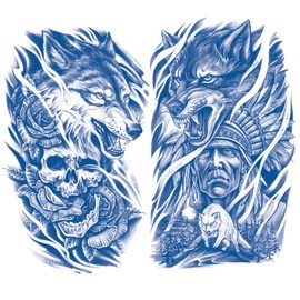 Oottati 2 Sheets Semi Permanent Waterproof Temporary Tattoos, 2 Weeks Long Last, 100% Plant-Based Ink Infinity Realistic Stickers, Roar Wolf Indian Skull Flower