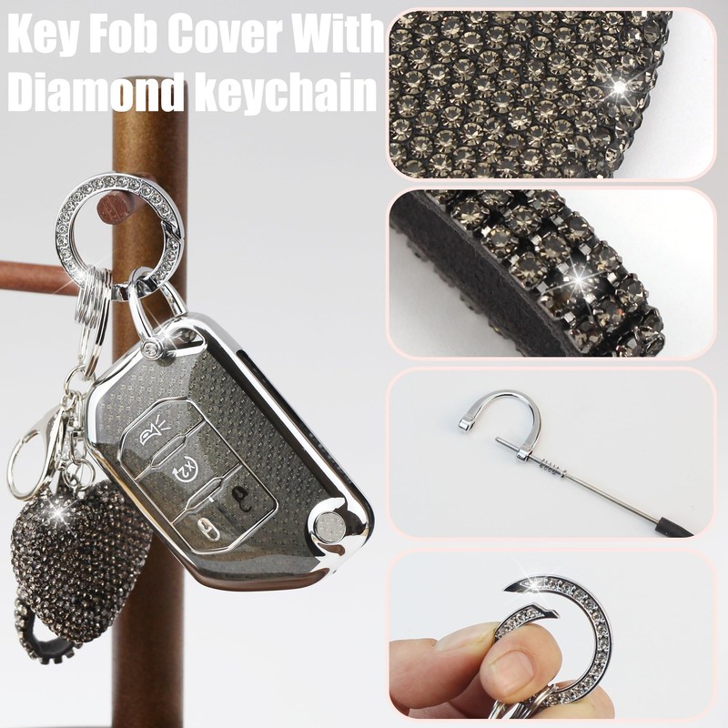 YIKECASE Key Fob Cover with Diamond Keychain Compatible with Jeep