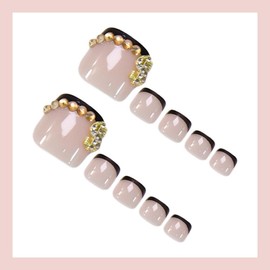 Black French Tips Press on Toe Nails Short Square Glue on Toenails with Gold Dollar Design Glossy Rhinestone Stick on Toenails Skin Tones Fake Toenails Summer False Toenails for Women Manicure 24Pcs