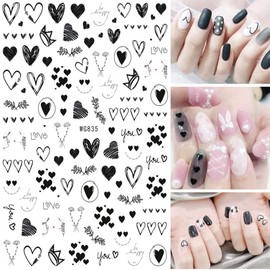 3D Valentine's Day Nail Art Stciker Decal Black Heart NaIl Stcikers for Acylic Nail Love Heart Rose Latter Nail Design for Valentines Manicure Tip