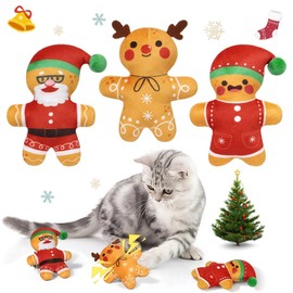 3-Piece Gingerbread Catnip Toy Set, Cat Teething Plush Gifts, Kitten Chew and Crinkle Toys for Christmas