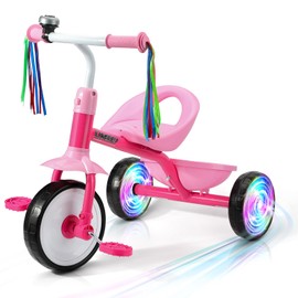 Liberry Toddler Tricycle Age 2 3 4 Years Old, Kids Trike with Light Up Wheels, Removable Pedal and Basket, 3 Wheel Bike Outdoor Indoor Riding Toy Gift for Girls Boys, Pink