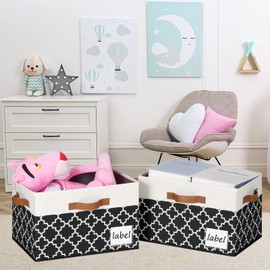 PFFVRP Extra Large Storage Bins with Lids, Foldable Fabric Storage Baskets with Lids, Sturdy Storage Boxes with Labels and 3 PU Handles for Closet Home Bedroom Office (32L, Black Plaid&White)
