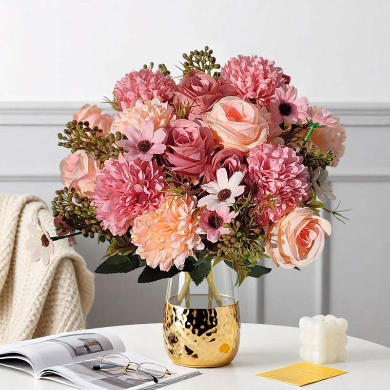 Jusdoja 4 Bundles Flowers Artificial Hydrangea with Silk Rose Daisy,
