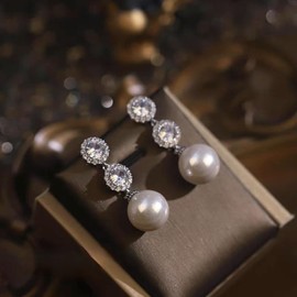 YDSURE Pearl Dangle Earrings, Diamond Earrings, Women's, Popular, Hypoallergenic Ring, 18K Gold, 925 Silver