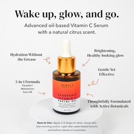 Aceite facial ayurvédico de vitamina C con aceite de rosa mosqueta, bakuchiol, ashwagandha y escualano, suero hidratante, iluminador y reparador para manchas oscuras, líneas finas y arrugas, cuidado