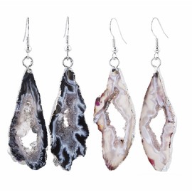 SUNYIK Natural Quartz Durzy Geode Agate Crystal Dangle Earrings Silver Plated, 2 Pairs