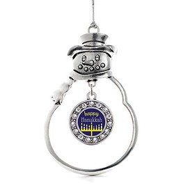Inspired Silver - Happy Hanukkah Charm Ornament - Silver Circle Charm Snowman Ornament with Cubic Zirconia Jewelry