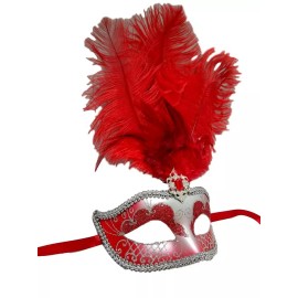 Masquerade Red Silver Venetian Mask Feather Masquerade Mardi Gras 12" New