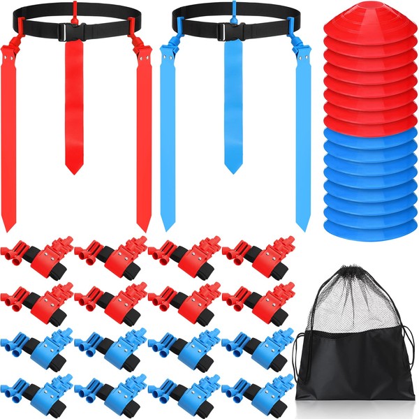Wettarn Flag Football Set 16 Player Flag Football Belts and Flags Set for Kid Adult Players Outdoor Sport Training Set (Red, Blue)