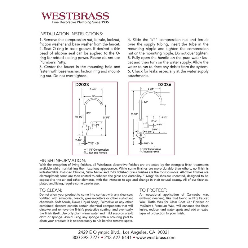 Westbrass D2033-NL-62 10" Classic 1-Lever Handle Cold Water Dispenser Faucet,