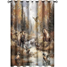 Cabin Fall Forest Bear Blackout Curtains Thermal Insulated Rustic Vintage Farmhouse Autumn Woodland Wildlife Pheasants Print Curtains Drapes for Room Darkening Grommet Window 2 Panels 63"L x 21"W