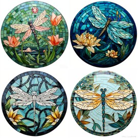 Dragonfly and Lotus 4 Pcs Ceramic Coasters for Drinks Absorbent Round Absorbent Table Drink Coaster with Cork Base Wine Glasses Coffee Cups Mugs Mat for Christmas Decoration Gift(1)
