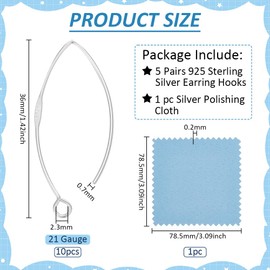 BENECREAT 10Pcs 925 Sterling Silver Earring Hooks, 36mm French Earwire Drop, Marquise Earring Hooks Earwire Connector with S925 Stamp for Earring Jewelry Making
