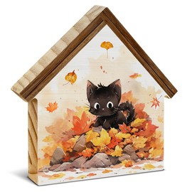 CIANMGD Cute Fall Decor, Black Cat Maple Leaves House Shaped Wood Block Sign, Fall Cat Decor, Autumn Home Farmhouse Decorations for Desk Table Shelf