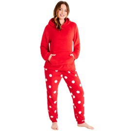 CityComfort Women's Long Pyjamas with Hood, Pyjamas Women's Set Made of Fluffy Fleece, Gifts for Women and Teenagers, red