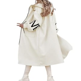 chouyatou Women's Casual Knitted Sleeve Wool Trench Coat Zip Up Hooded Wool Blend Overcoat with Pockets (Medium, Beige White)