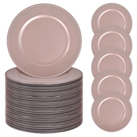 REWOMC 50 Pcs Rose Gold Charger Plates Bulk, 13" Round Beaded Plate Chargers, Decorative Dinner Chargers Plastic Table Chargers for Wedding Holiday Party Baby Shower Event Decoration (Rose Gold)