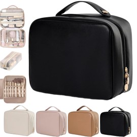 CHCTD Multi Compartment Toiletry Cosmetic Bag,Set Patient Travel Makeup Bag,Set Patient Multi-compartment Toiletry Cosmetics Bag,PU Leather Large Capacity & Portable Hanging Toiletry Bag, Black