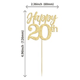 Gyufise 24Pcs Happy 20th Cupcake Toppers Glitter Number 20 Twenty Cheers to 20 Cupcake Food Picks Decorations for 20th Birthday Wedding Anniversary Party Supplies Gold