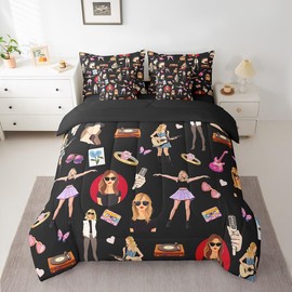 Music Bedding Set Twin Size Girls Singer Bed in a Bag Gifts for Women Music Lovers Guitar Comforter Set 7 Pieces Coworker Sister Friends Bed Set with Comforter, Sheets, Pillowcase, Cushion Cover Black