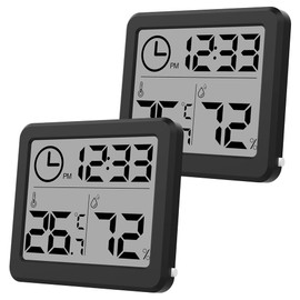 [2 Pack] 3.2 Inch Digital Hygrometer Indoor Thermometer, Room Thermometer Humidity Gauge with Clock, High Accuracy Temperature Humidity Monitor with Magnet for Home Office Baby Room Greenhouse Black