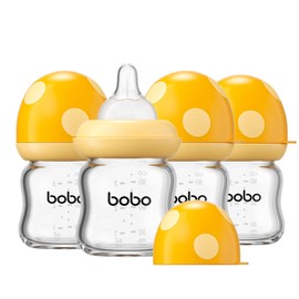 YOHKOH Natural Glass Baby Bottle with Natural Response Nipple, Newborn Anti-Colic Baby Bottles, Wide Neck Mushroom Cap Baby Bottle, Clear (Yellow, 3.4oz (Pack of 4))