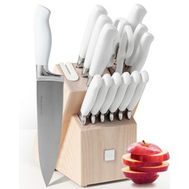 Styled Settings White Knife Set with Block and Sharpener – 14-Piece High Carbon Stainless Steel Knives with Ashwood Block and Built-In Sharpener – Durable White Kitchen Accessories for Cooking