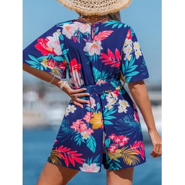 CUPSHE Women's Jumpsuit V-Neck Short Sleeve Romper Leopard Print Wide Leg Short Jumpsuit with Belt Casual Loose Playsuit, darkblue, M